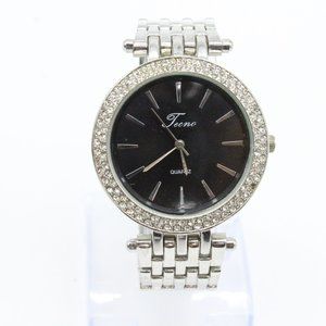 Vintage TECNO Watch Women's Classic Silver Tone Stainless Steel Rhinestones